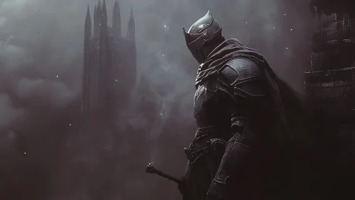 Armored knight surveys gothic citadel in desaturated mist
