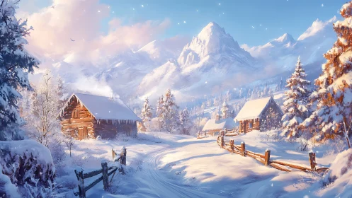 Snow covered log cabins along a rural mountain valley road.