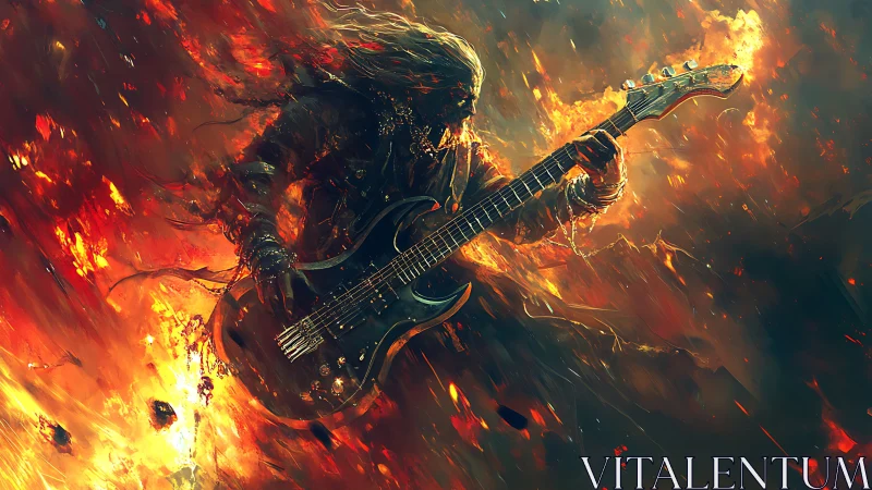 Fiery guitarist silhouette in dynamic inferno scene.