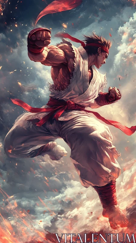Martial artist in midair strike over clouds and embers.