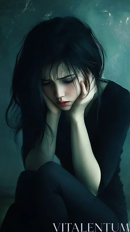 Digital painting of pensive woman in moody teal chiaroscuro.