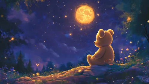 Moonlit teddy dreamer beneath a starlit forest sky tonight.