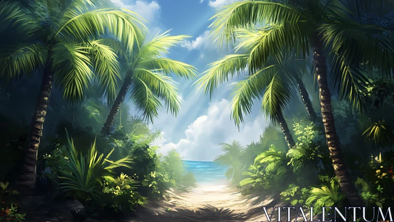 Tropical Beach Paradise Through Palm Trees.