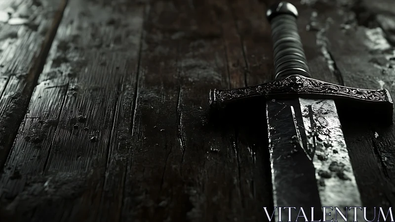 Weathered longsword rests on dark rain-soaked timber table