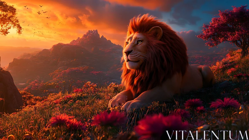Majestic lion rests beneath a blazing fantasy sunset sky