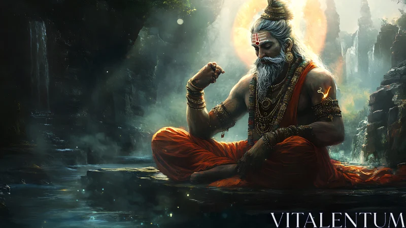 Mystic sage in luminous meditation by waterfall gorge.