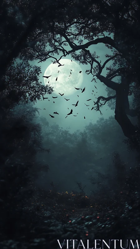 Full moon framed by dense forest canopy and flying bats.