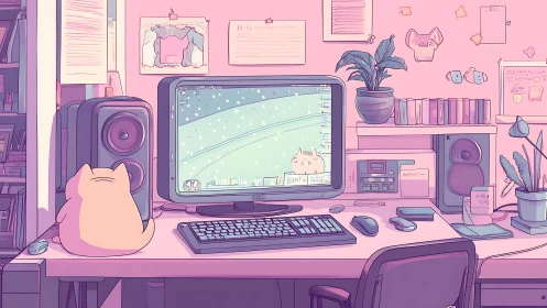 Cozy pink desk scene with a curious cat and glowing screen.