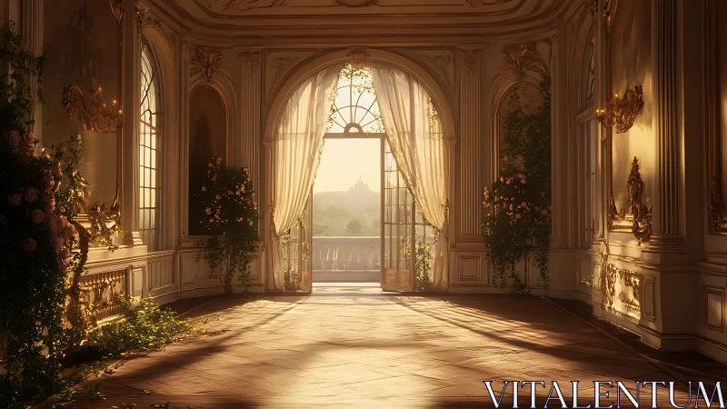 Sunlit baroque ballroom opens onto a serene palace terrace