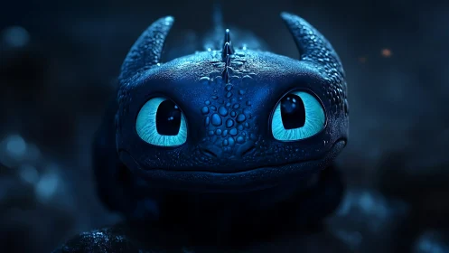 Blue-eyed dragon close-up in moody cinematic lighting.
