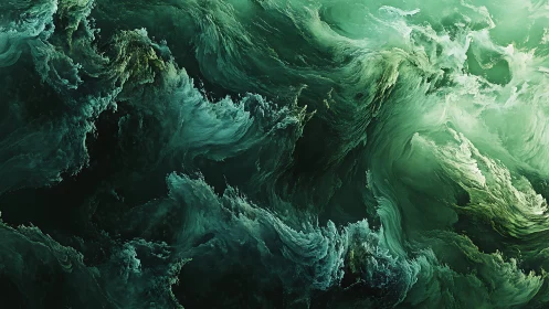 Emerald fractal waves swirl through stormlike abstract sea.