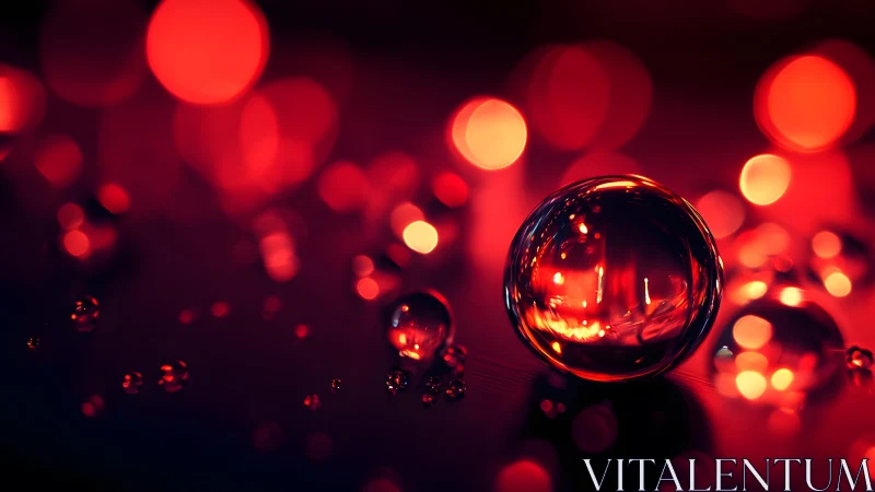 Glass sphere reflects red bokeh lights in extreme closeup