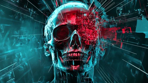Digital skull glows as fractured data shards burst outward
