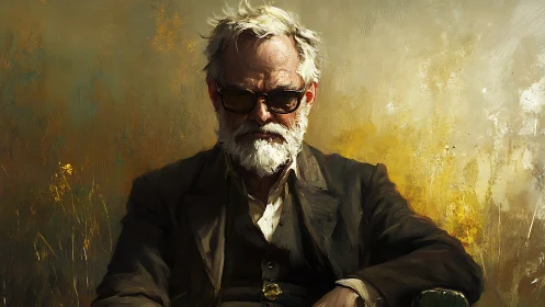 Older man in dark suit seated against textured backdrop.