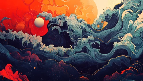 Cosmic storm waves surge beneath molten orange sun