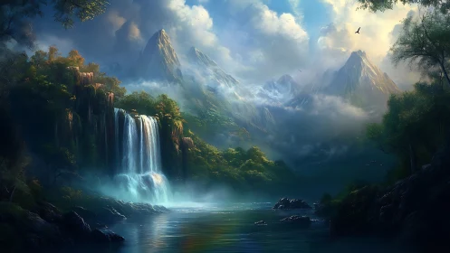 Dreamlike waterfall valley tucked beneath misty peaks.