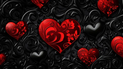 Red and Black Ornamental Hearts Pattern