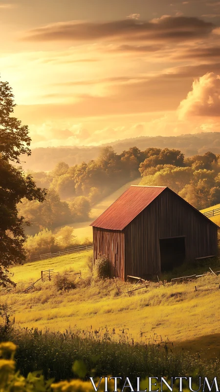 Sunlit wooden barn in rolling rural landscape at sunset.