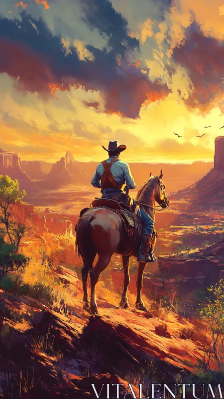 Sunlit cowboy pauses on a canyon ridge at golden sunset