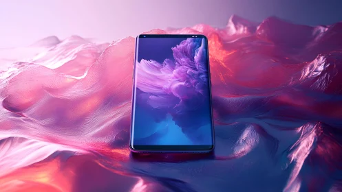 Futuristic smartphone on glossy, abstract pink and purple landscape.