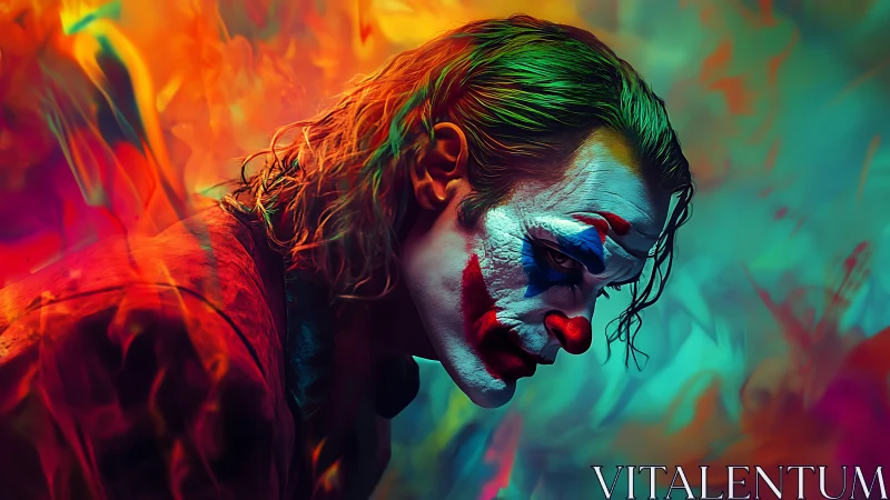 Moody clown portrait amid intense neon swirling colors.