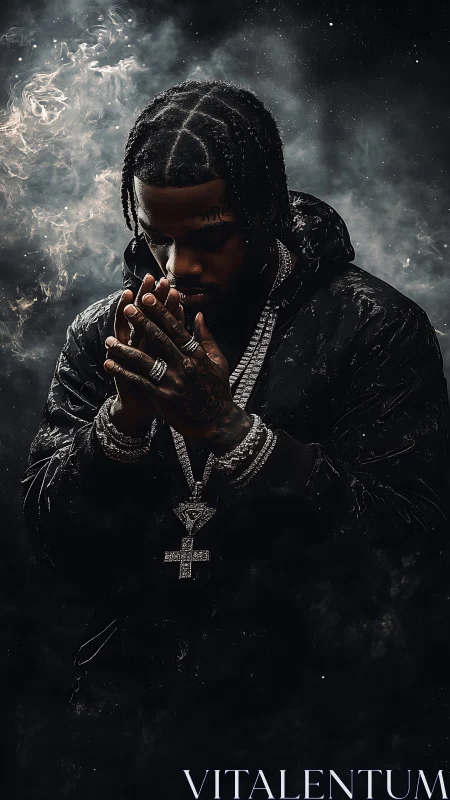 Man in dark jacket with jewelry in smoky low key portrait.