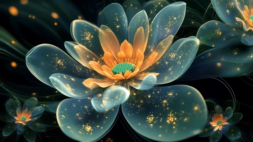 Luminous glass-lotus constellation blooming in deep night.