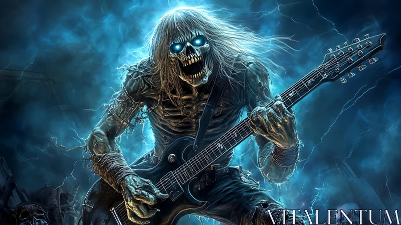 Undead electric guitarist framed by blue lightning storm.