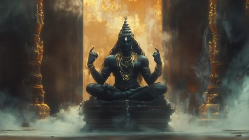 Mystic deity in smoky golden shrine, cinematic lighting.