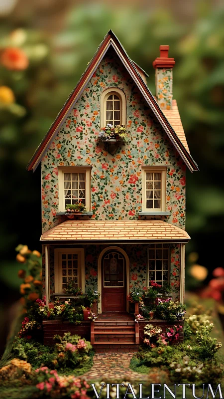 Miniature floral cottage basks in warm garden tranquility