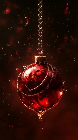 Glistening red ornament glowing in cozy holiday light.