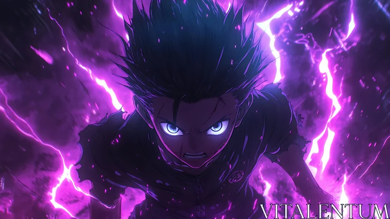 Intense anime warrior charging through purple lightning storm.