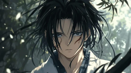 Scarred anime swordsman in calm forest close-up portrait.