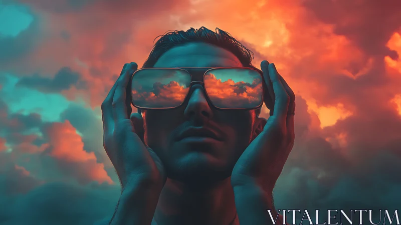 Surreal portrait with mirrored sunset clouds in reflective visor.