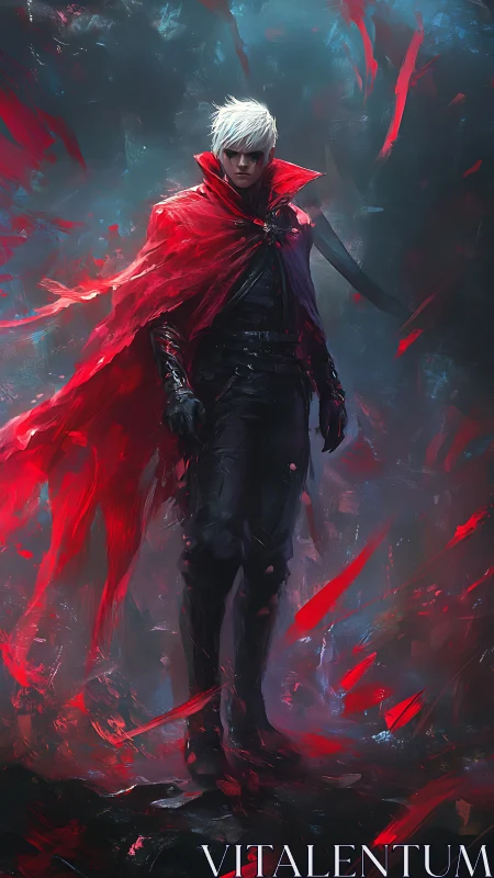 White-haired warrior in red cloak amid swirling reds.