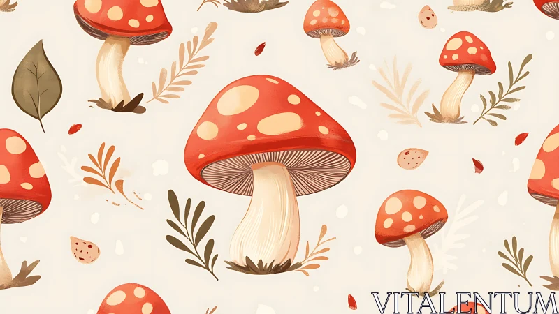 Seamless digital pattern of stylized red toadstool mushrooms