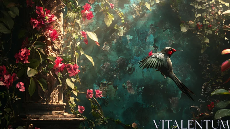 Hummingbird carves green silence between crumbling floral stone