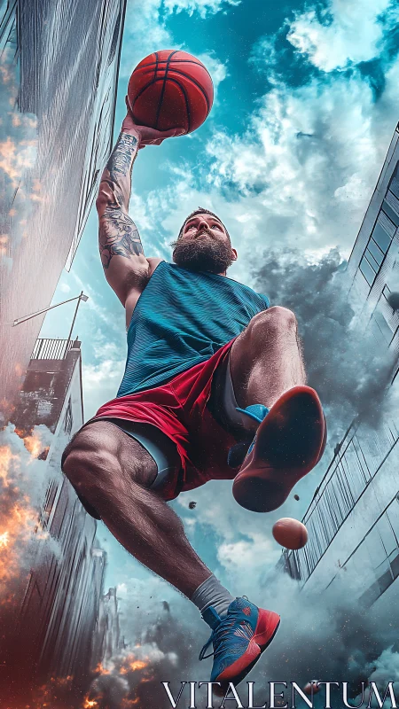 Low-angle dynamic basketball dunk in urban alley explosion