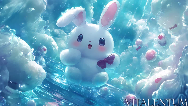 Cotton-candy bunny sails through a glittering turquoise dream