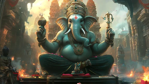 Majestic Ganesha idol radiates light within ancient temple.