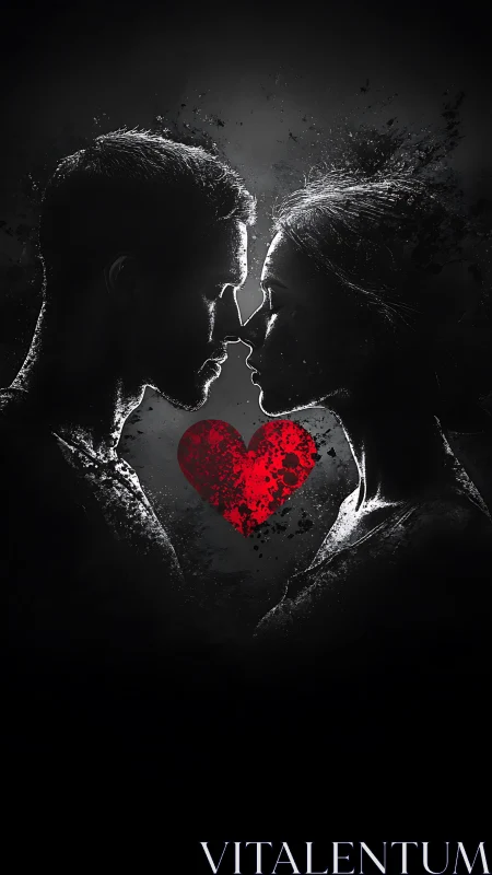 Silhouettes Kiss Around Red Heart Against Dark Backdrop