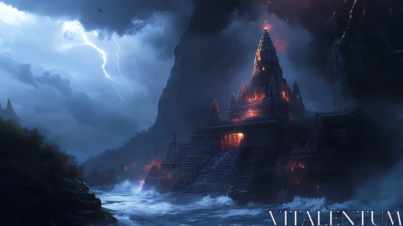 Storm-lashed cliff temple burns with molten interior light