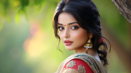 Bridal portrait in ornate sari with luminous bokeh background.