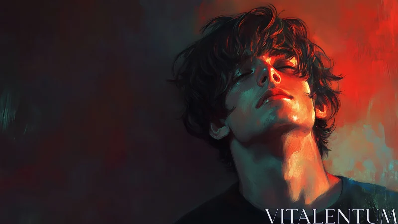 Male portrait depicts tilted head in strong red side lighting