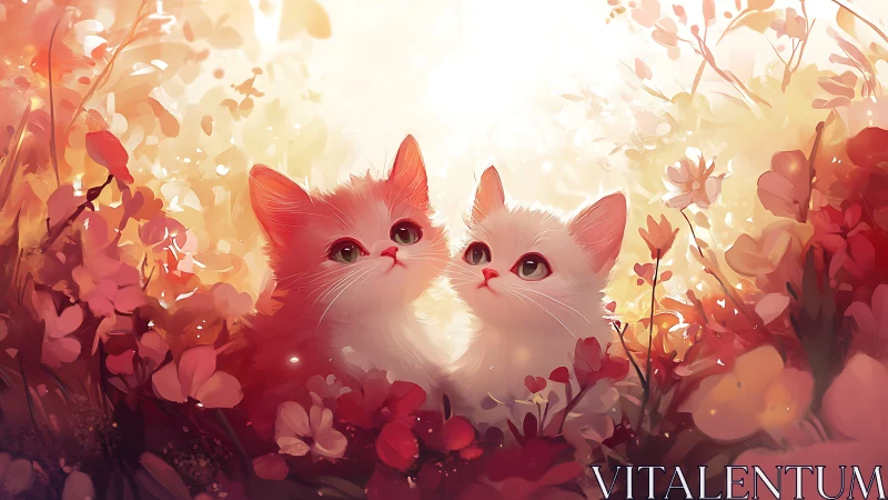 Two Cats Among Floral Bloom with Warm Luminous Glow.