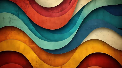 Layered abstract waves in bold retro color bands.