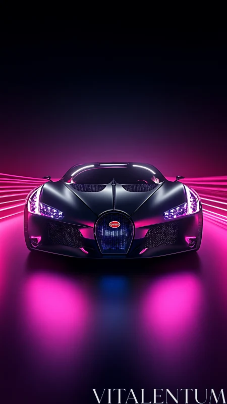 Futuristic hypercar glows under neon magenta tunnel lights.