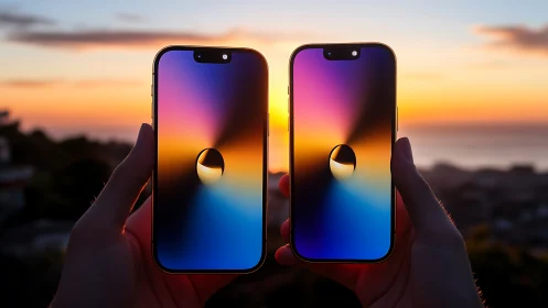 Two smartphones displaying gradient sunset display imagery.
