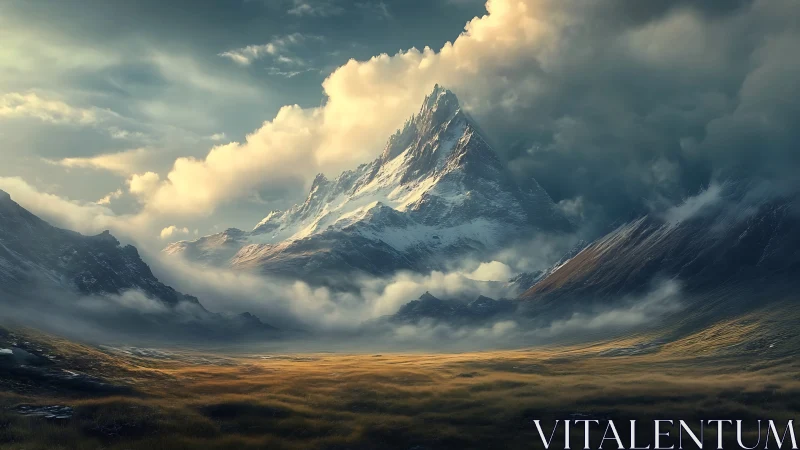 Snow-covered mountain peak rises above clouds and valley