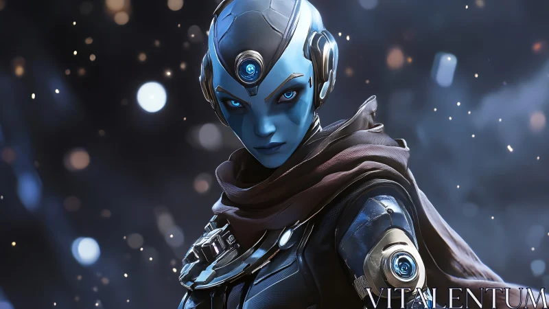 Cyan android sentinel with glowing optics in cinematic bokeh field.